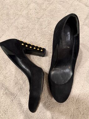 Gucci Black Suede Pumps with Gold Studded Block Heel